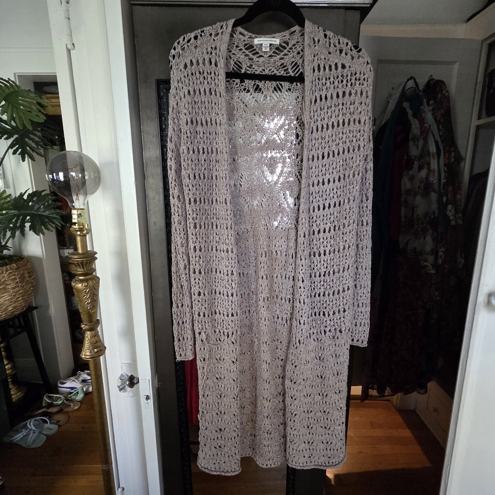 Women's AE Taupe Boho Long Open Front Cardigan Open Knit